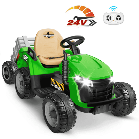 East doll 24 Volt Ride on Toys Car for Kids, Ride-on Tractor with Trailer, Electric Car for Kids, Power EVA Four Wheeler with Remote Control, 4.3Mph, Music Player, LED Light, Green