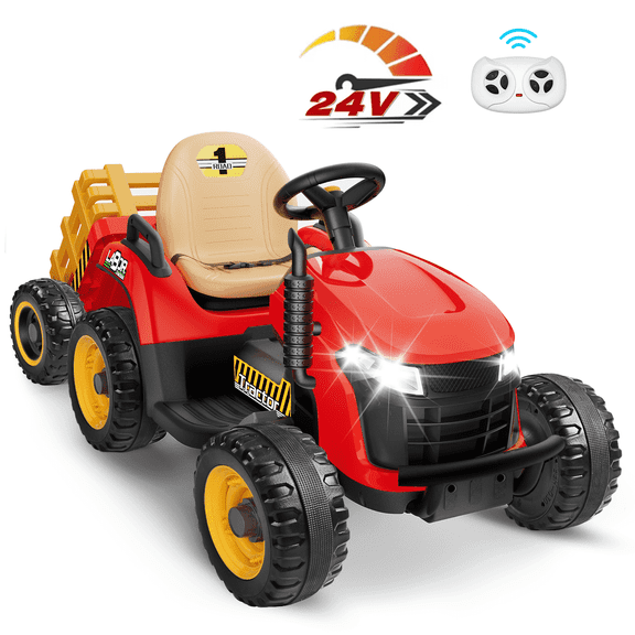 East doll 24 Volt Ride on Toys Car for Kids, Ride-on Tractor with Trailer, Electric Car for Kids, Power EVA Four Wheeler with Remote Control, 4.3Mph, Music Player, LED Light, Red