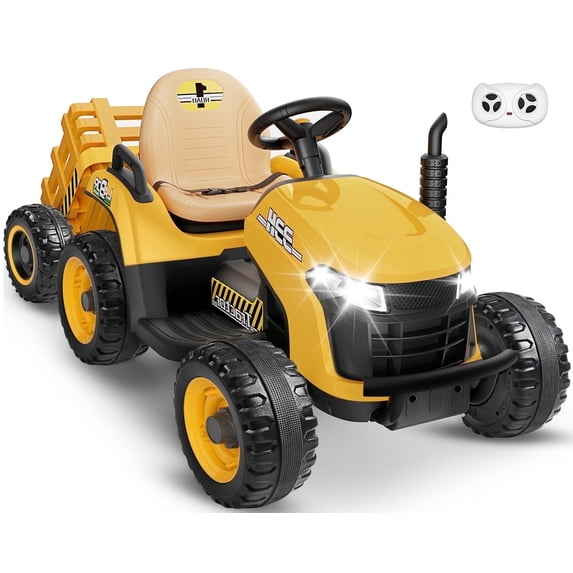 East doll 24 Volt Ride on Toys Car for Kids, Ride-on Tractor with Trailer, Electric Car for Kids, Power EVA Four Wheeler with Remote Control, 4.3Mph, Music Player, LED Light, Yellow