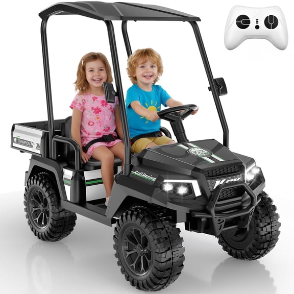 Kids Golf Cart, 24 Volt Ride on Cars, 4WD 2 Seater Electric Cars with Remote Control, Ride on Truck for Big Kids Ages 3-8, With Detachable Awning & Large Storage, 3 Speeds, Music, LED Lights, Black