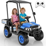 Kids Golf Cart, 24 Volt Ride on Cars, 4WD 2 Seater Electric Cars with Remote Control, Ride on Truck for Big Kids Ages 3-8, With Detachable Awning & Large Storage, 3 Speeds, Music, LED Lights, Blue