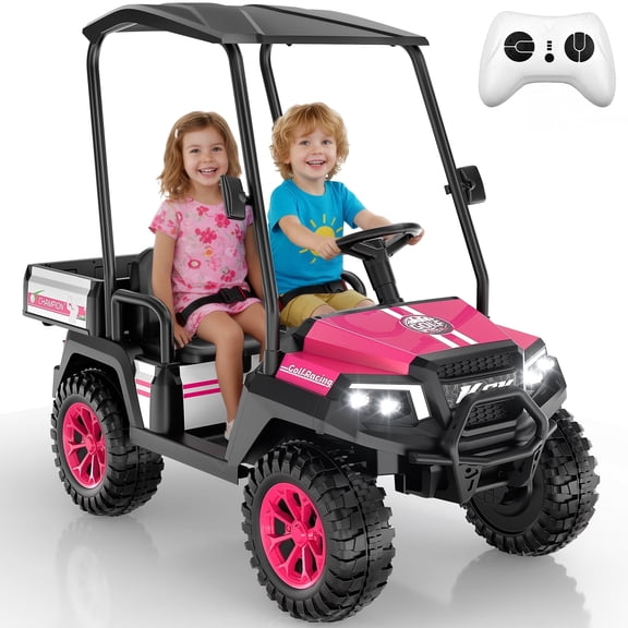Kids Golf Cart, 24 Volt Ride on Cars, 4WD 2 Seater Electric Cars with Remote Control, Ride on Truck for Big Kids Ages 3-8, With Detachable Awning & Large Storage, 3 Speeds, Music, LED Lights, Pink