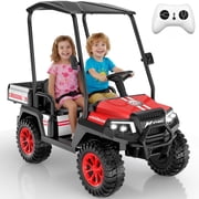 Kids Golf Cart, 24 Volt Ride on Cars, 4WD 2 Seater Electric Cars with Remote Control, Ride on Truck for Big Kids Ages 3-8, With Detachable Awning & Large Storage, 3 Speeds, Music, LED Lights, Red
