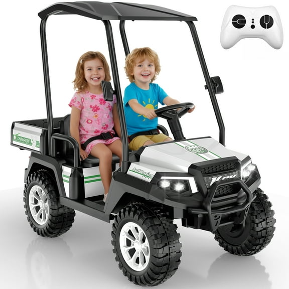 East doll 24V Power Ride on Toys for Big Kids, 2 Seater Ride on UTV with Ceiling&Rear Bed, 4WD Electric Car with Remote Control, Music/Story/Bluetooth, 3-8Y, White