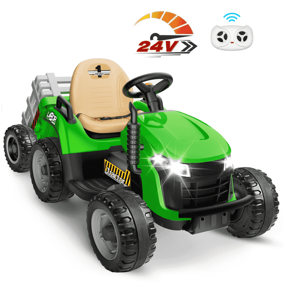 East doll 24V Ride On Tractor with Tiltable & Detachable Trailer, Tractor with Parental Remote, Music Player, Bluetooth& Headlight, Ride On Toy for Kids Ages 2-5Y,Green