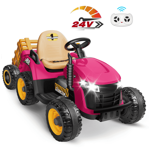 East doll 24V Ride On Tractor with Tiltable & Detachable Trailer, Tractor with Parental Remote, Music Player, Bluetooth& Headlight, Ride On Toy for Kids Ages 2-5Y,Pink
