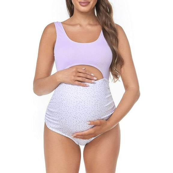 EastElegant Maternity Cutout One Piece Swimwear Ploka Dots Print Pregnancy Bathing Suit, Purple, Medium