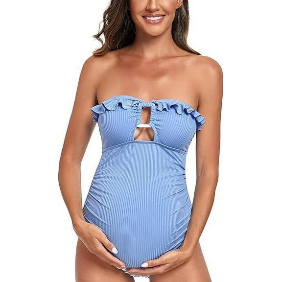 EastElegant Maternity Ruffle Ribbed Cutout One Piece Swimwear Square Ring Linked Pregnancy Bathing Suit, Blue, S
