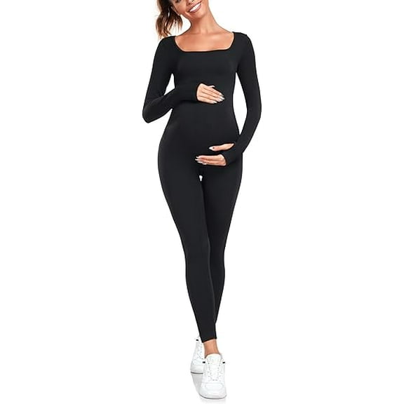 EastElegant Maternity Seamless Yoga Jumpsuits Women's One Piece Workout Bodysuits Ribbed Square Neck Long Sleeved Romper, Black, L