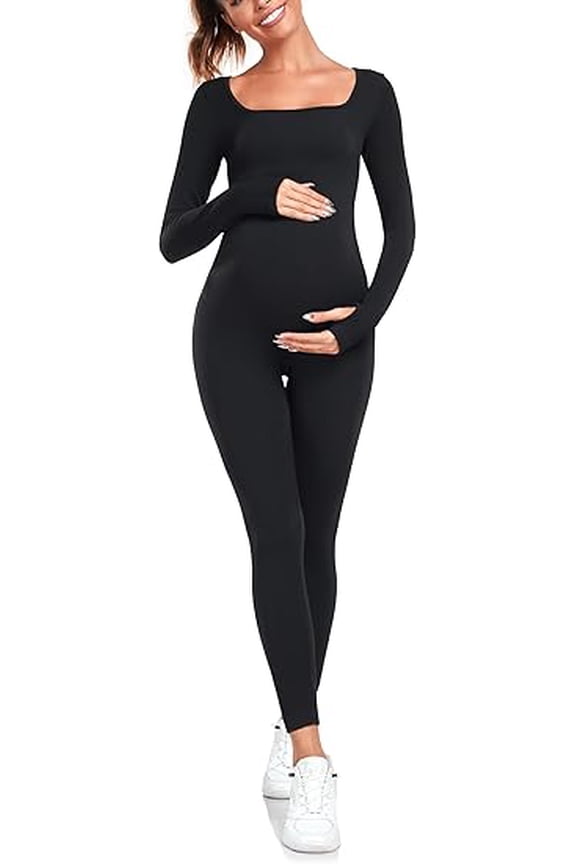 Maternity Seamless Yoga Jumpsuits Women's One Piece Workout Bodysuits Ribbed Square Neck Long Sleeved Romper, Black, XL