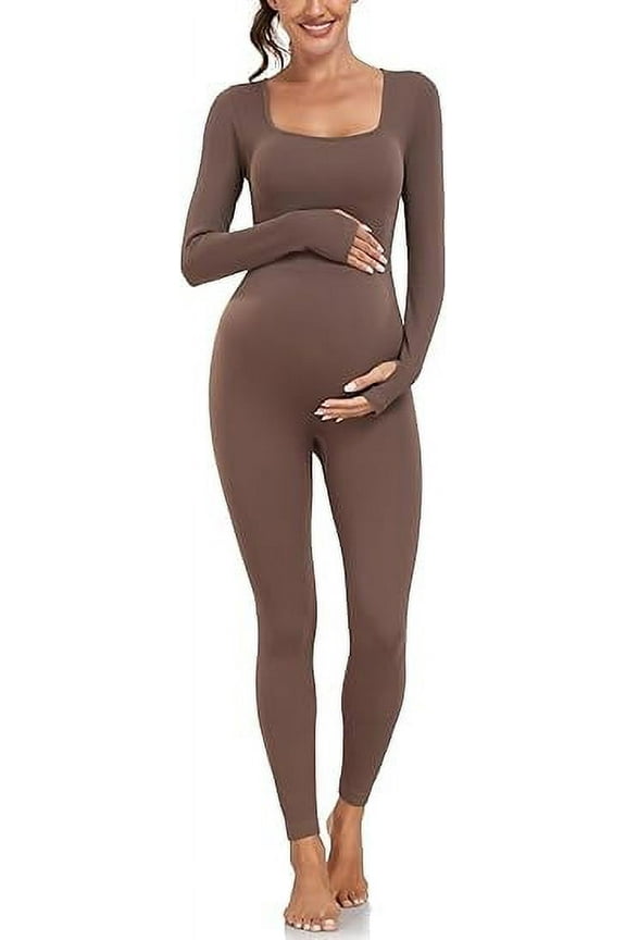 Maternity Seamless Yoga Jumpsuits Women's One Piece Workout Bodysuits Ribbed Square Neck Long Sleeved Romper, Brown, Medium