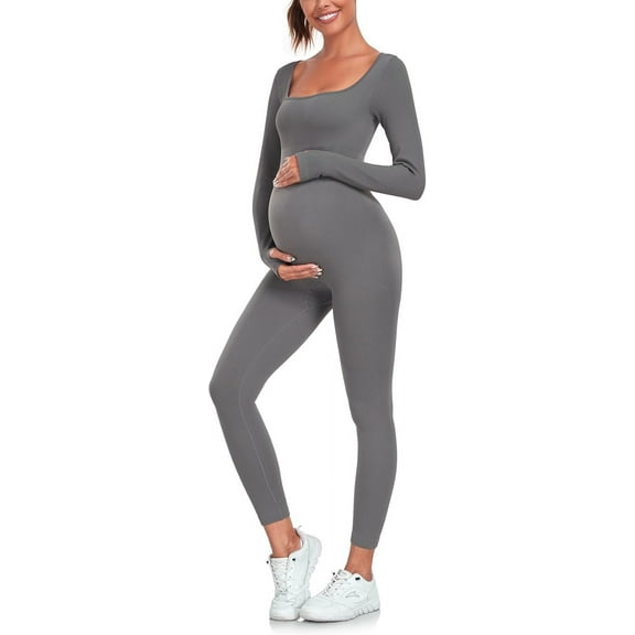 EastElegant Maternity Seamless Yoga Jumpsuits Women's One Piece Workout Bodysuits Ribbed Square Neck Long Sleeved Romper, Grey, Small