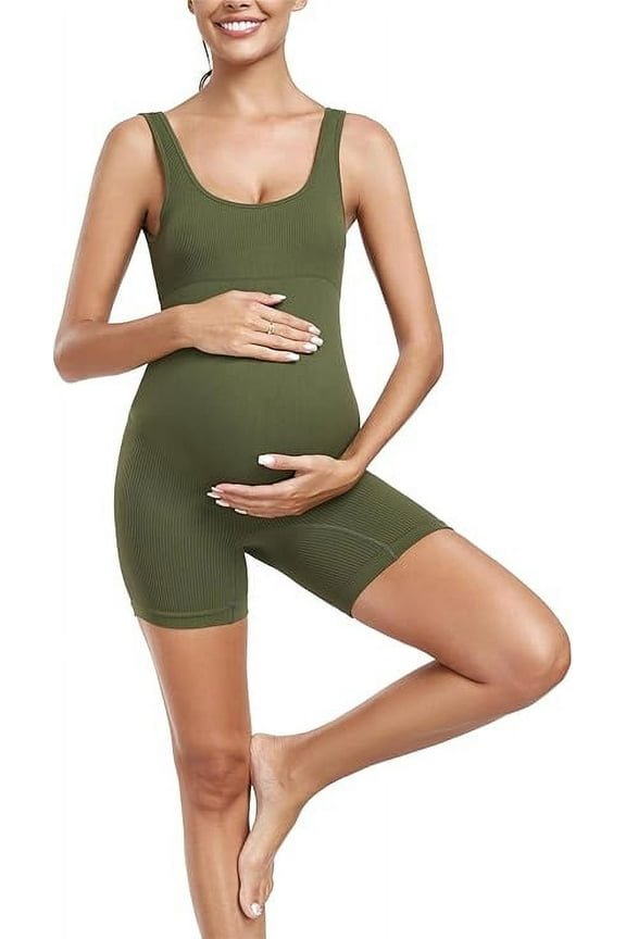 Maternity Seamless Yoga Jumpsuits Women's One Piece Workout Bodysuits Ribbed Square Neck Romper, Army Green, X-Large