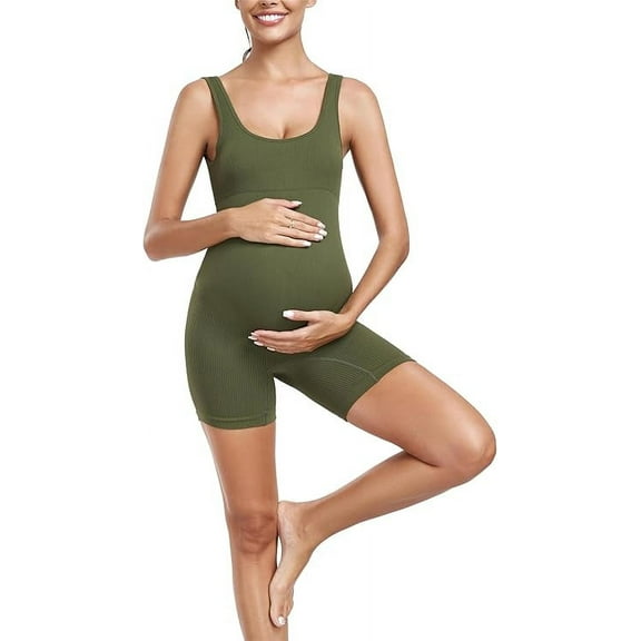 EastElegant Maternity Seamless Yoga Jumpsuits Women's One Piece Workout Bodysuits Ribbed Square Neck Romper, Army Green, X-Large