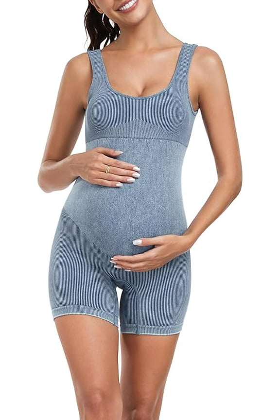 Maternity Seamless Yoga Jumpsuits Women's One Piece Workout Bodysuits Ribbed Square Neck Romper, Denim Blue, Medium