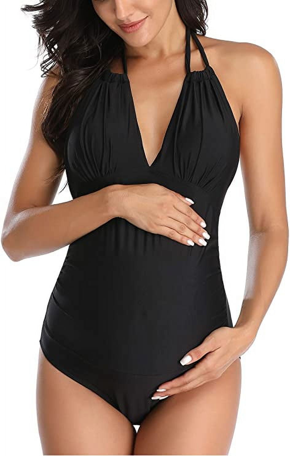 EastElegant Maternity Swimsuits One Piece V-Neck Pregnancy Swimwear Halter Maternity  Bikini Black L 