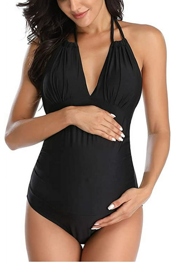 Maternity Swimsuits One Piece V-Neck Pregnancy Swimwear Halter Maternity Bikini Black XL
