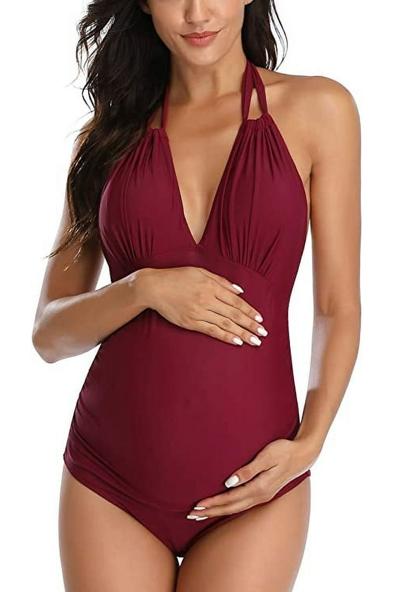 Maternity Swimsuits One Piece V-Neck Pregnancy Swimwear Halter Maternity Bikini Wine Red L
