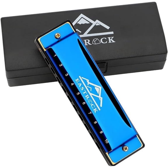 EASTROCK 10 Holes Key of C Blues Harmonica for Beginner Students Professional Metal Blues Harp Mouth Organ with Case (Blue)