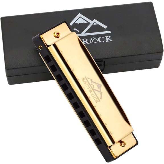 EASTROCK 10 Holes Key of C Blues Harmonica for Beginner Students Professional Metal Blues Harp Mouth Organ with Case Gold