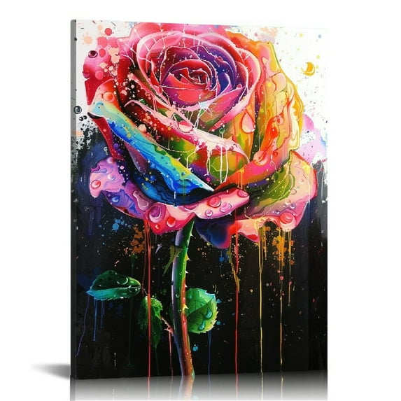 EastSmooth Abstract Rose Flowers Wall Art Colorful Rose Graffiti Canvas Painting Rainbow Flower Bloom Closeup Picture Framed Artwork for Living Room Bathroom Bedroom Home