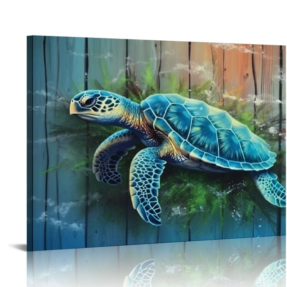 EastSmooth  Bathroom Decor Blue Wall Art Canvas Green Sea Turtle Teal Submarine Picture, Blue Modern Landscape Framed for Living Room Bedroom Home Office Wall Decor,  20x16in