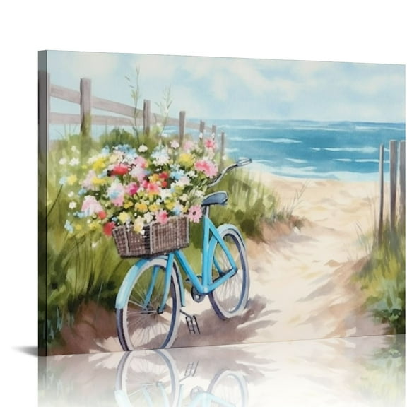 EastSmooth Beach Canvas Wall Art for Bathroom Ocean Pictures Seaside Bicycle Canvas Print Seascape Painting Framed Teal Aqua Blue Calming Shoreside Artwork