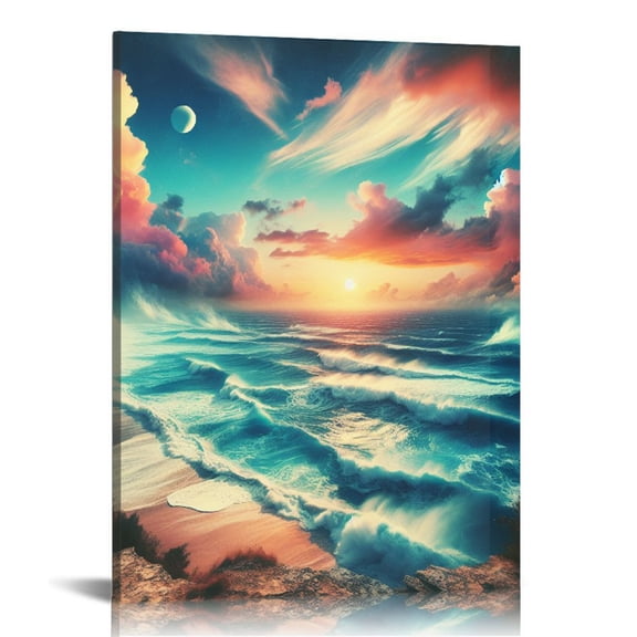 EastSmooth Beach Ocean Wall Art Pictures for Living Room - Canvas Print Wall Art Beach Sunset Ocean Waves Nature Pictures Framed for Bedroom Farmhouse Office Wall Décoration Teal Blue