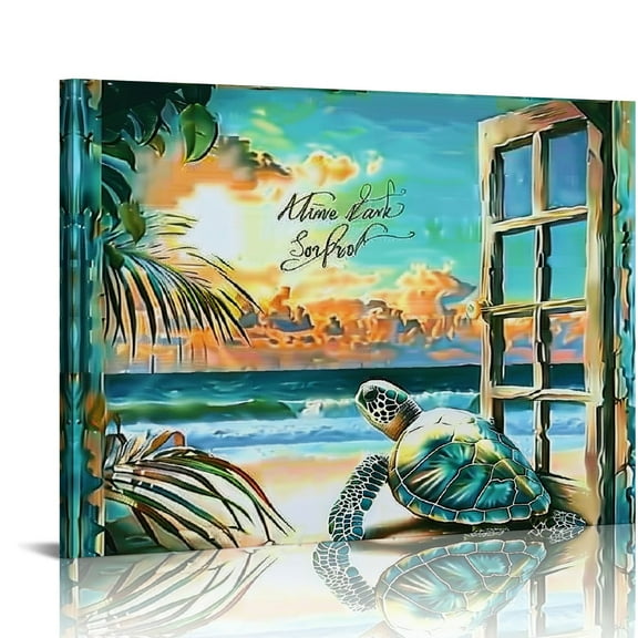 EastSmooth Bible Bible Wall Art Teal Sea Turtle Walking Faith Canvas Print Quote Framed Artwork Blue Ocean Beach Coast Window View Ocean Art Print Inspirational Animals Wooden Wall 16x12in