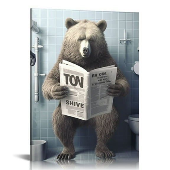 EastSmooth Black Bear Bathroom Decor Wall Art Bear Sitting in Toilet Reading Newspaper Print Picture Toilet Wall Decor Funny Bear Painting Framed Modern Artwork for Bathroom Toilet Decor