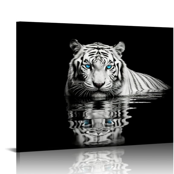 EastSmooth Black & White Tiger Canvas Wall Art Wild Animal Print Picture Blue Eyed Tiger Painting Artwork for Kitchen Office Home Wall Decor Stretched and Framed Ready to Hang