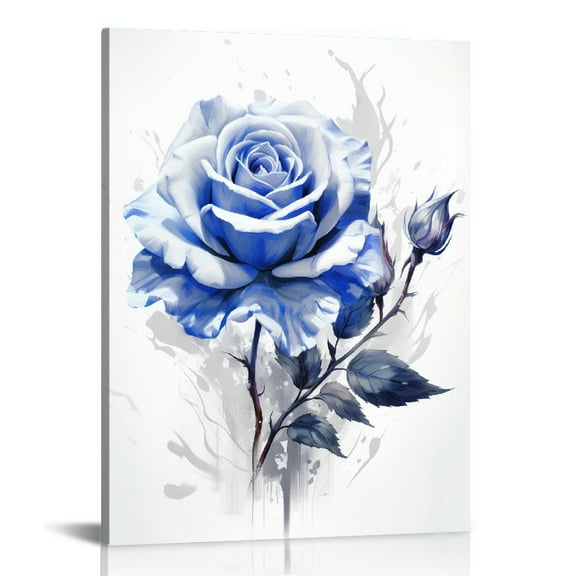 EastSmooth  Blue Rose Flower Picture Decor Wall Art Abstract Navy Gray Vintage Floral for Bedroom Bathroom Walls Decoration Canvas Framed