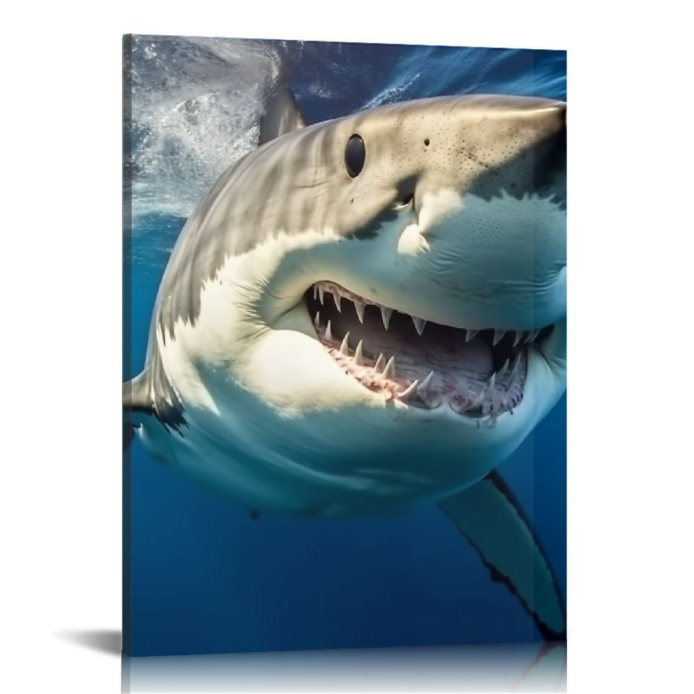 EastSmooth Blue Wall Art Painting Great White Shark Catching Fish At ...