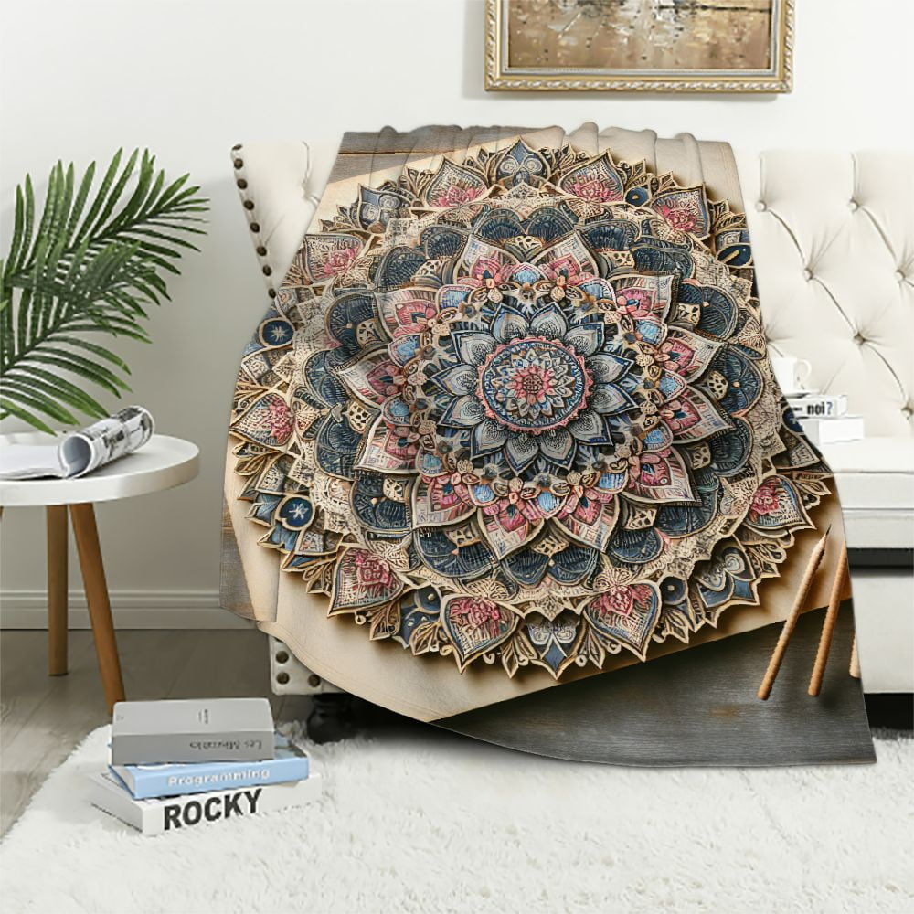 EastSmooth Boho Bohemian Fleece Throw Blanket, Beige White Floral Cozy