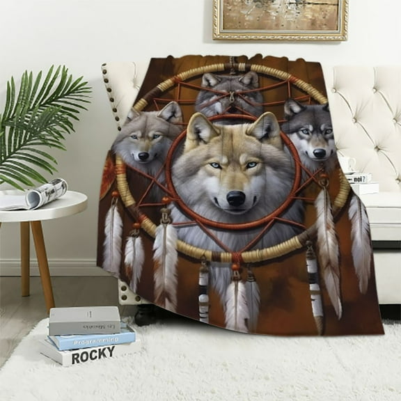 EastSmooth Brown Dreamcatcher Wolf Indian Sherpa Throws Blanket Tribal Western Wolf Pattern Throw Blankets Gifts for Men Women Bedding Couch Outdoor Home Decor