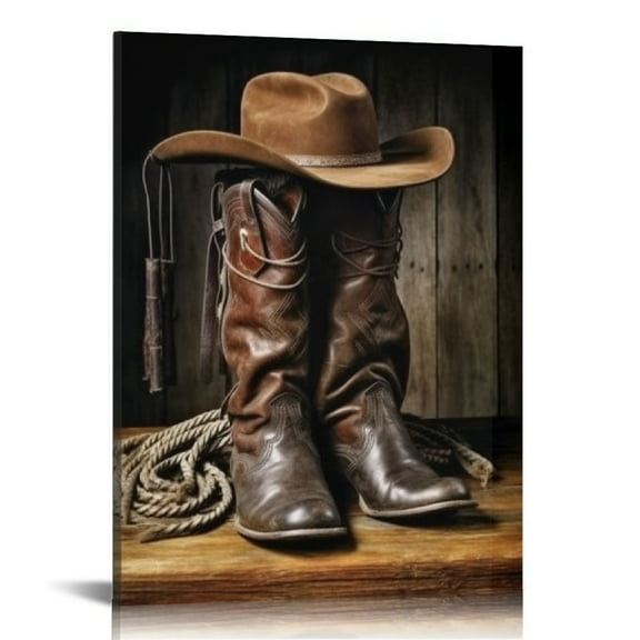 EastSmooth  - Canvas Prints American West Rodeo Cowboy Wall Art Painting Brown Straw Hat on Leather Rancher Roper Boots Picture on Canvas Vintage Artwork Stretched for Home Office Decoration