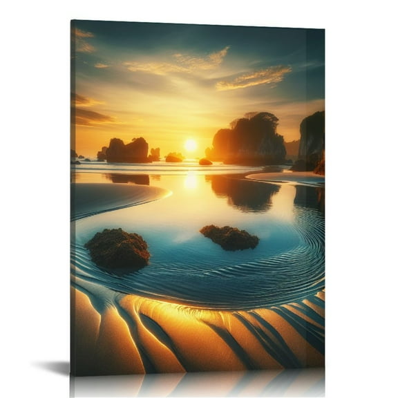 EastSmooth  Canvas Prints Wall Art - Sunset Seaside Scenery Picture Modern Wall Artwork Framed for Bathroom Home Office Decor