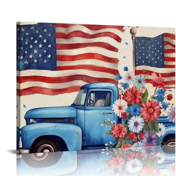 EastSmooth Canvas Wall Art, Independence Day Blue Truck American Flag Vintage Watercolor Poppies Square Framed Print on Canvas Artwork for Bedroom Living Room Home Office 16x12in