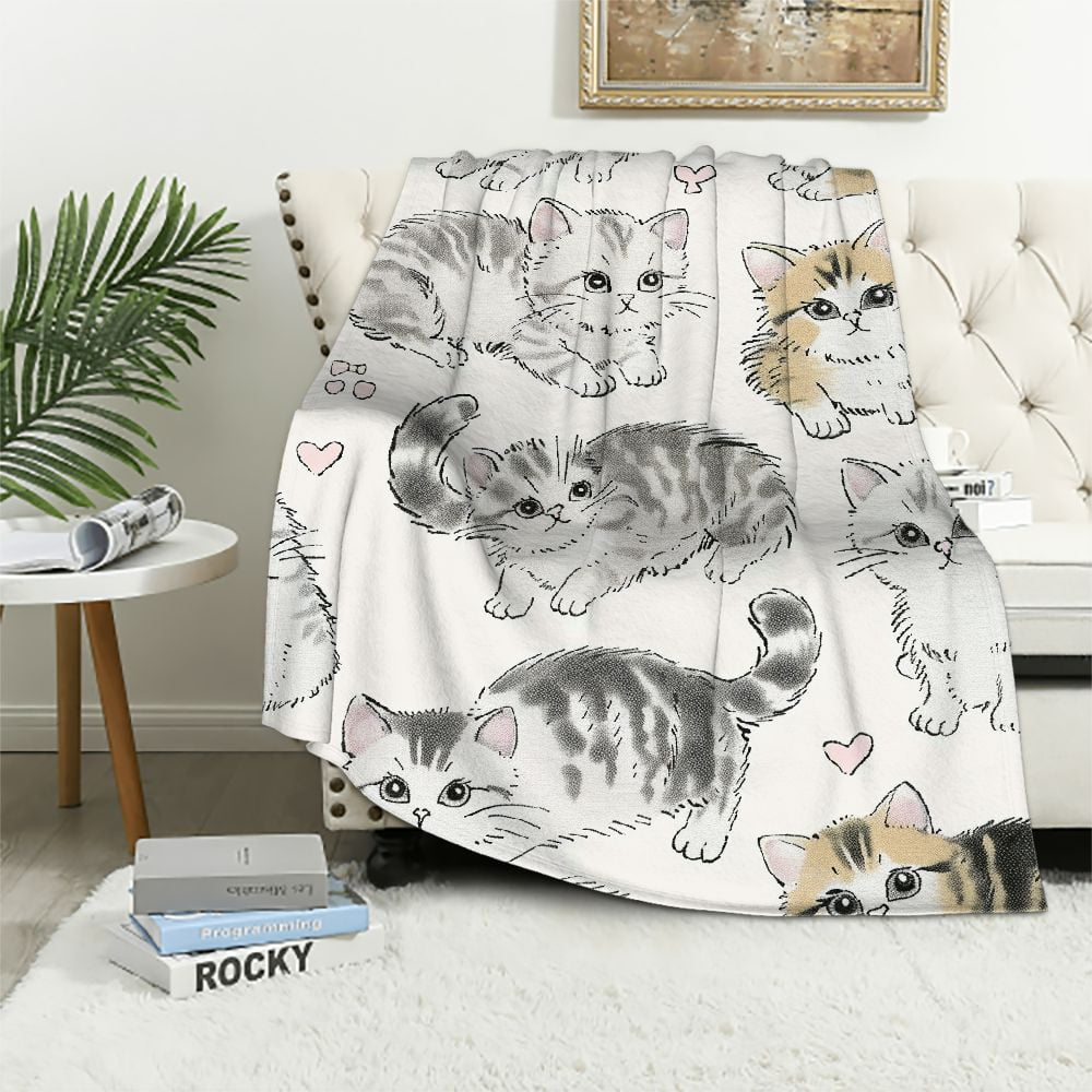 EastSmooth Cat Print Throw Blanket for Kids, Cute Cartoon Soft Cozy