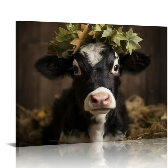 EastSmooth  Cow Wall Decor Black White Highland Cow Headband Flower Canvas Wall Art Farmhouse Bathroom Wall Decor Poster Rustic Kitchen Framed Painting