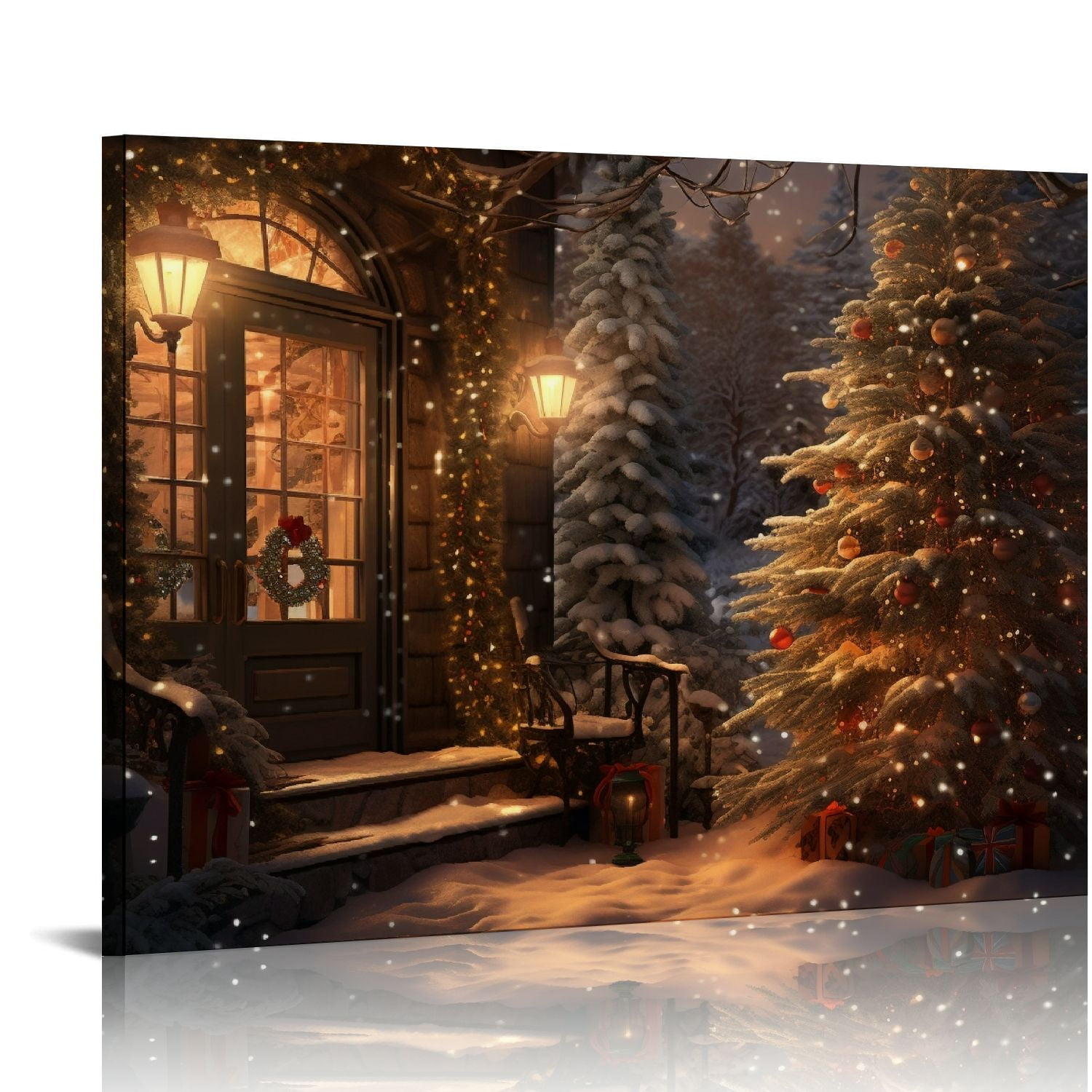 EastSmooth Decorative Lighted Snow House Wall Art Canvas Prints Winter