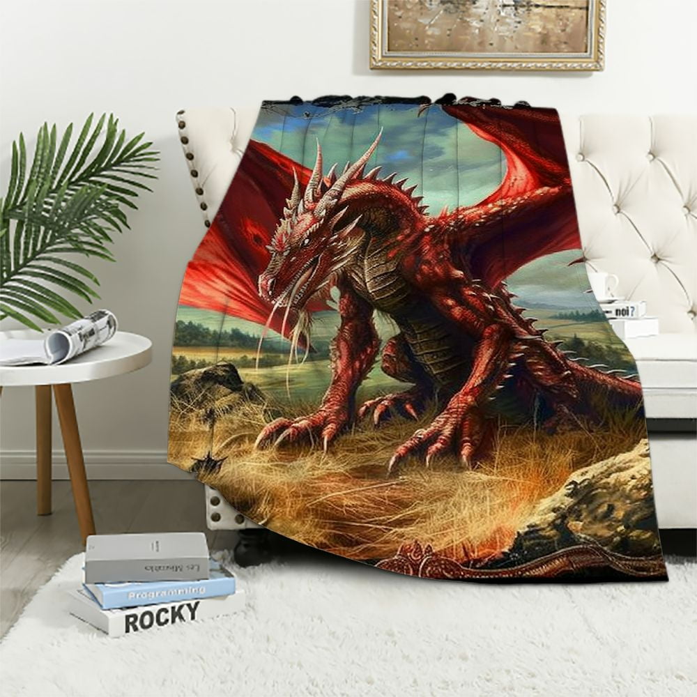 Lingy Dragons Lair Queen Size Raschel Plush Dragon Throw Blanket, White