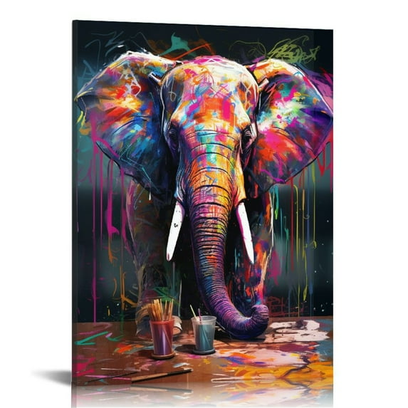 EastSmooth Elephant Wall Art Colorful Abstract Canvas Poster Wall Decor Graffiti Elephant Picture Painting Artwork for Home Kitchen Bathroom Bedroom Decoration Wooden Framed Ready to Hang