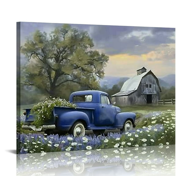 EastSmooth Farmhouse Old Truck Canvas Wall Art, Old Barn Pictures Wall Art, Country Antique Pickup Truck Canvas Prints, Blue Truck With White Petunias Art Prints for Farmhouse Spring Decor