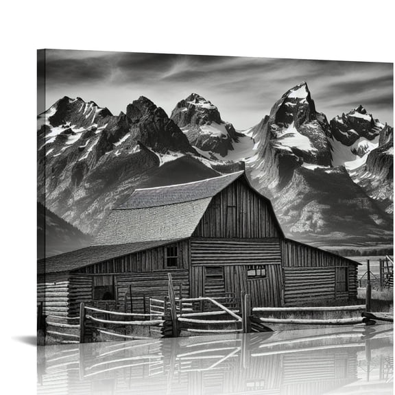 EastSmooth Farmhouse Rustic Barn Wall Art for Living Room Bedroom Large Size Grand Teton Black White Canvas Pictures Artwork Prints Snow Mountain Grassland Nature Landscape for Home Office Decor "