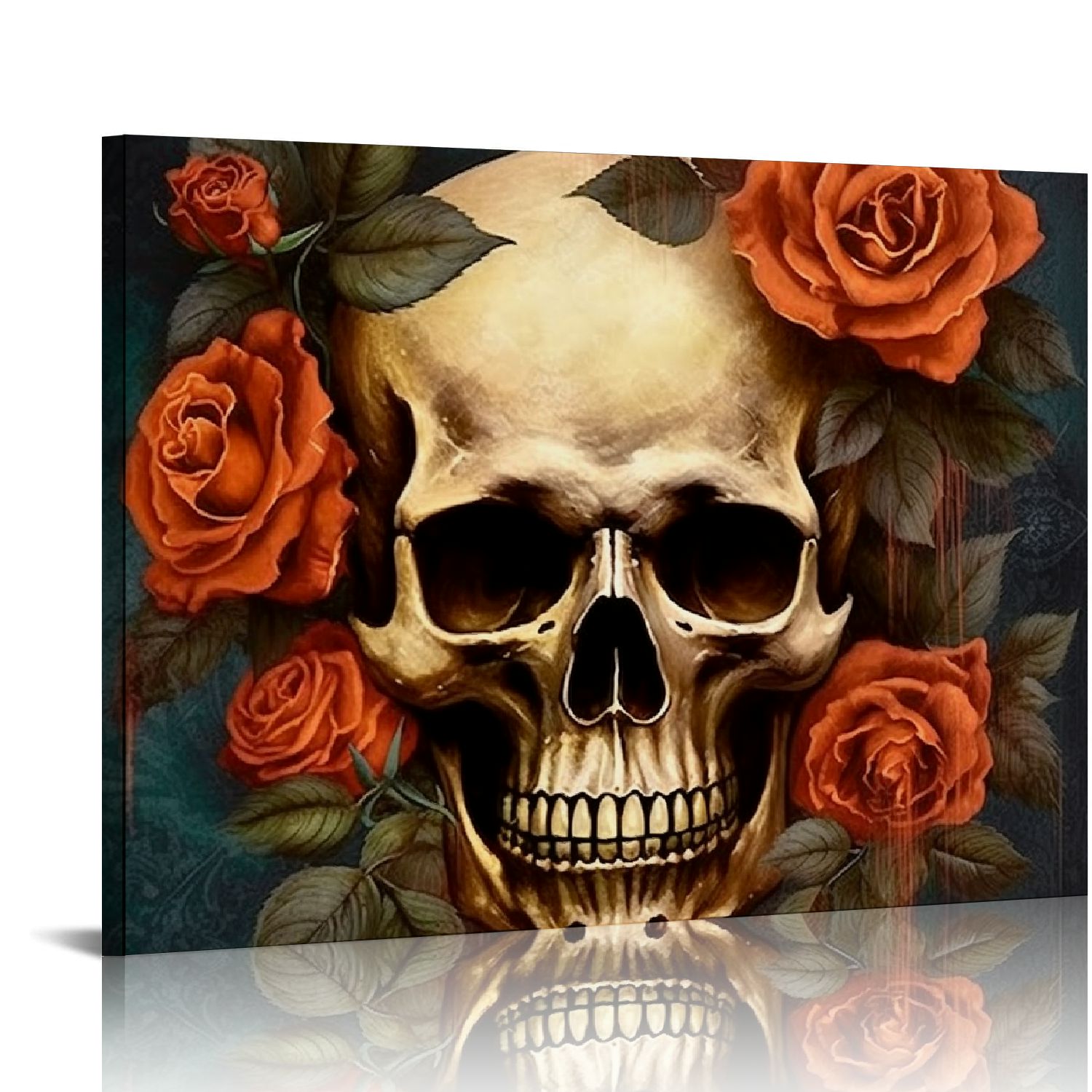 EastSmooth Floral Skull Canvas Wall Art Vintage Orange Rose Human Skeleton Picture for Gothic