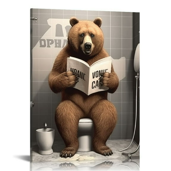 EastSmooth  Funny Bear Sitting on Toilet Wall Art Bathroom Bear Wall Decor Black and White Animal Bathroom Funny Pictures Farmhouse Bear Wall Décor for Toilet Bathroom Framed Artwork
