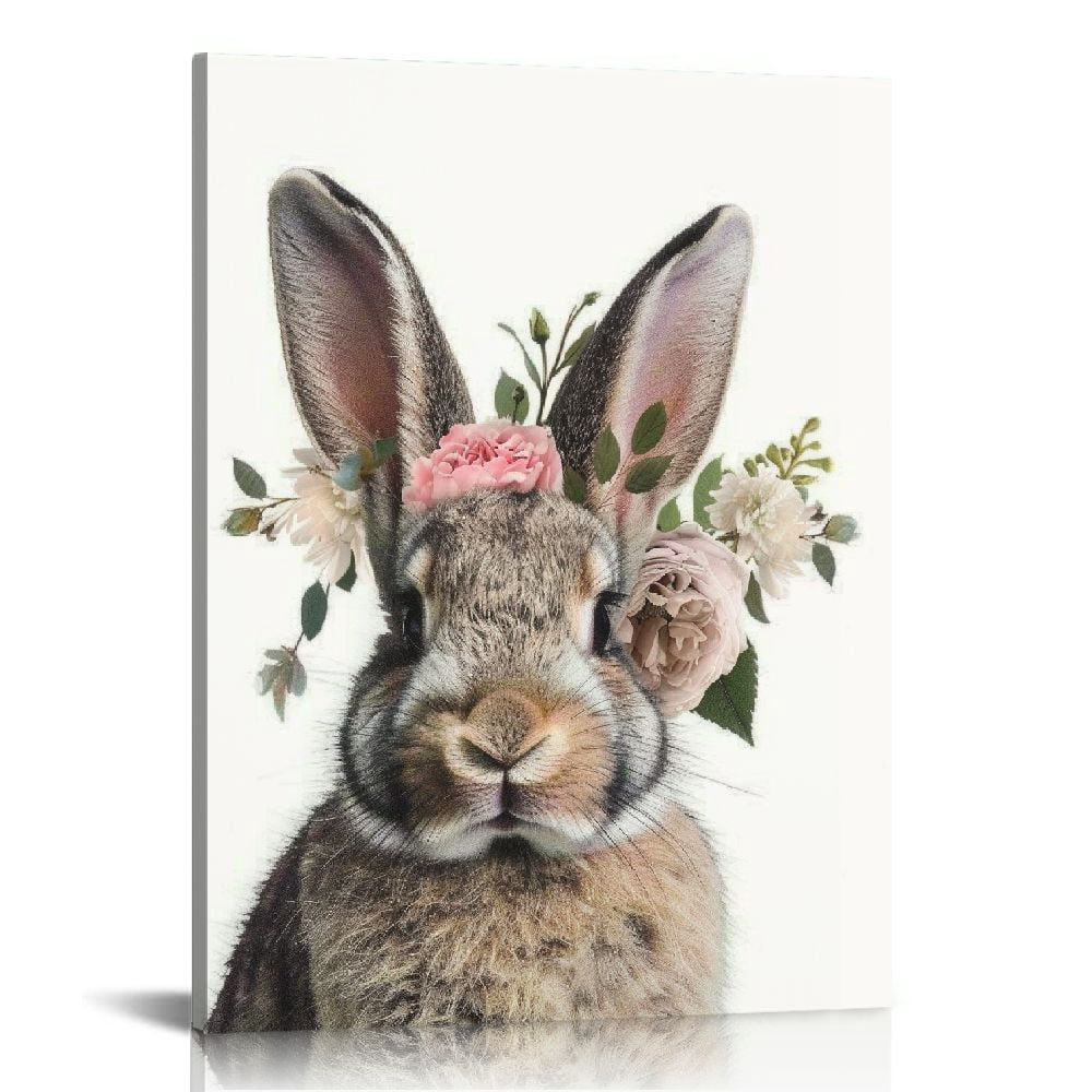 EastSmooth Girls Nursery Wall Art Bunny Rabbit with Pink Flower Crown ...
