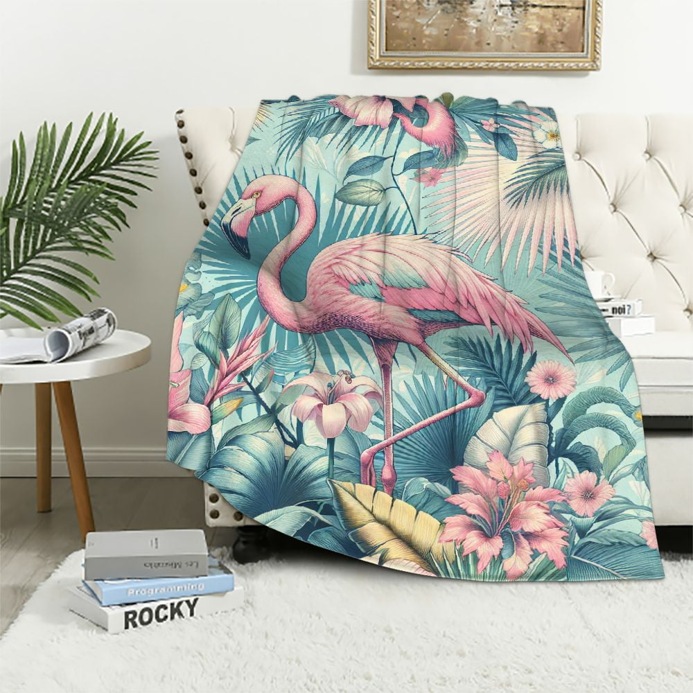Tropical Flamingo Palm Leaves Hawaiian Pattern Print Throw Blanket