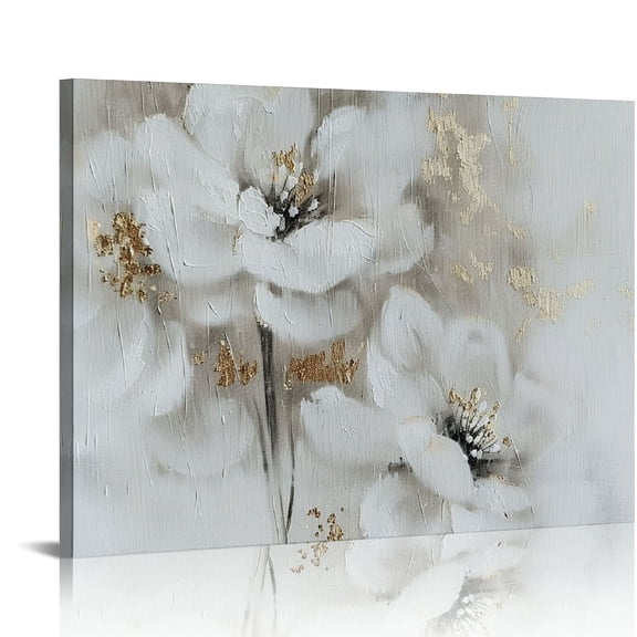 EastSmooth  Grey and White Poppy Flower Canvas Wall Art - Painted Floral with Gold Foil - Abstract Magnolia Picture for Living Room Bedroom Bathroom Decor 20x16in